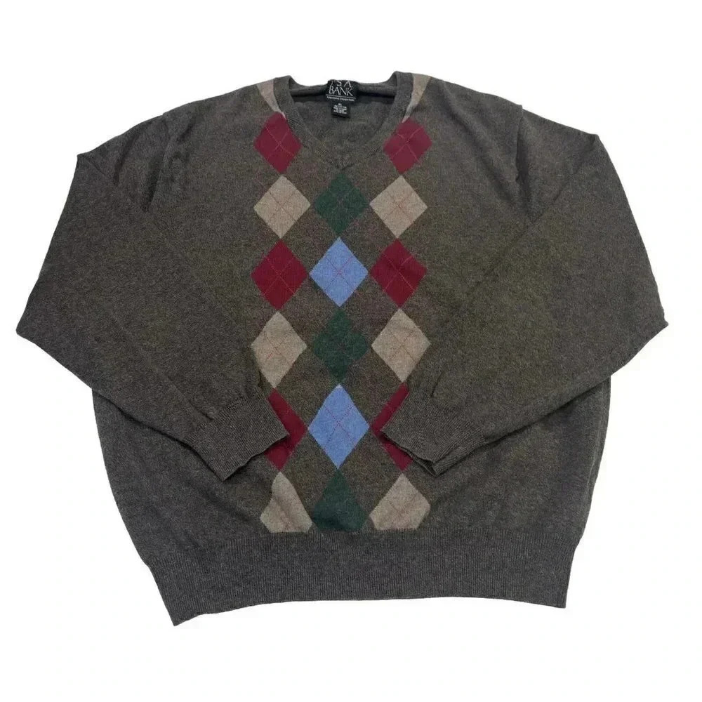 JOS A BANK Sweater Men XL Cotton Executive Collect Argyle Long Sleeve Brown